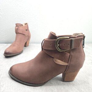 Vionic Western Ankle Booties Leather Brown Block Heel Buckle Comfort Boots Size